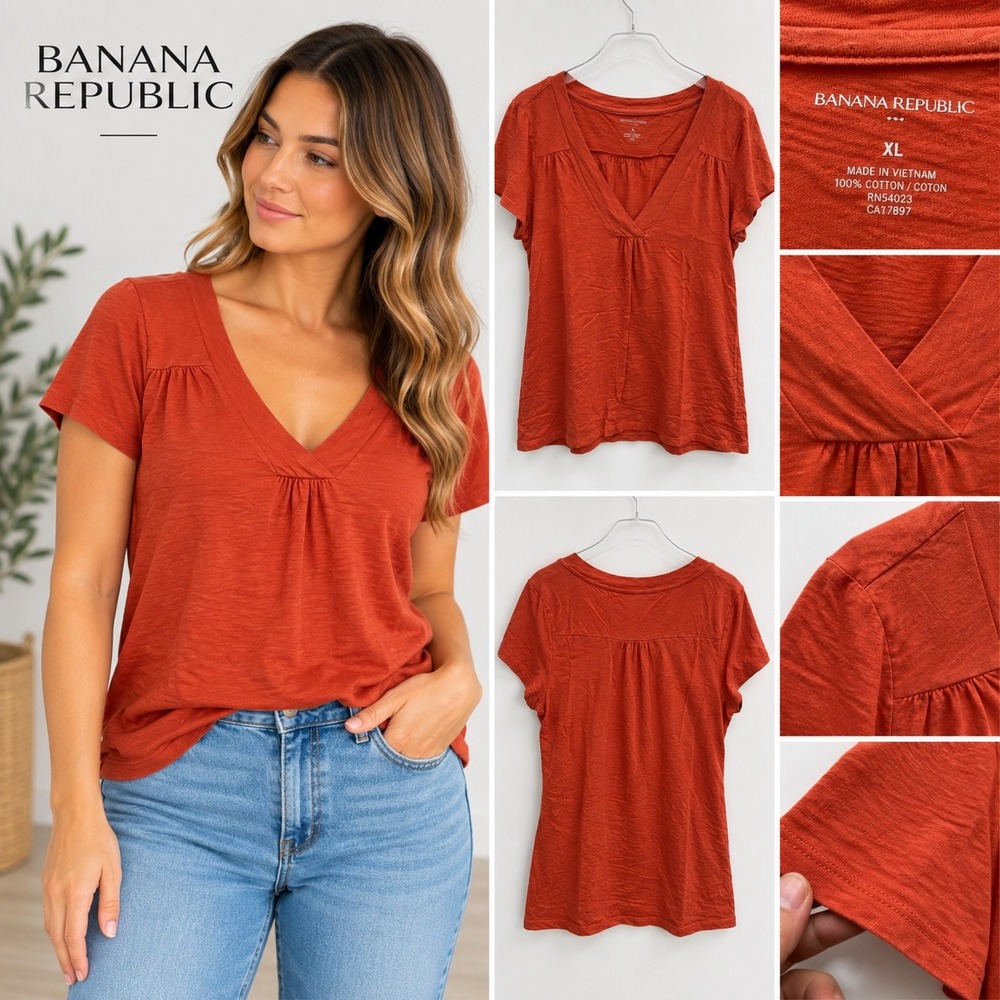 Banana Republic Womens XL Burnt Orange Cotton Slub V-Neck Pleated Tee Top